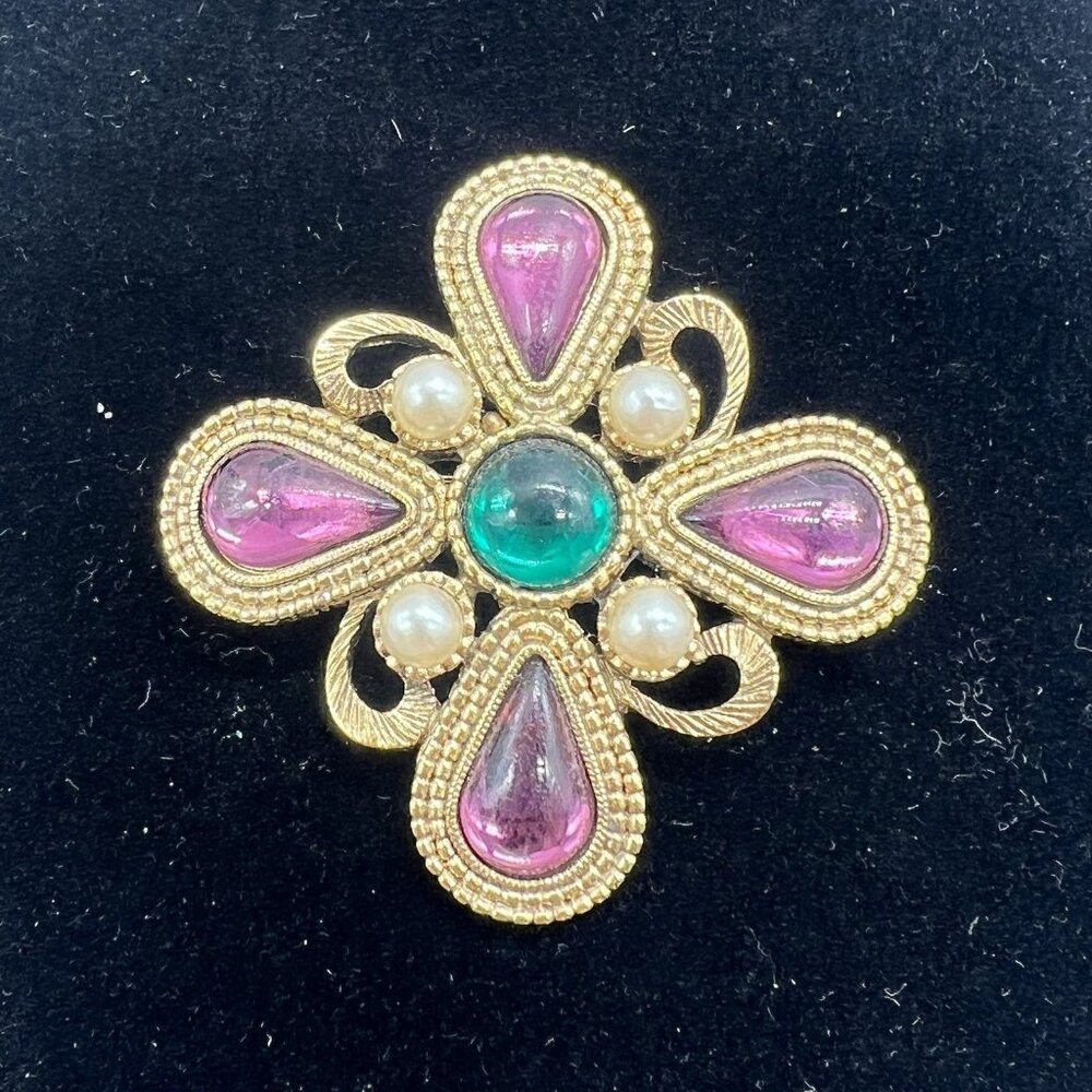Vintage Gold Tone Purple Teardrop Cabochon Green Faux Pearl Maltese Cross Brooch